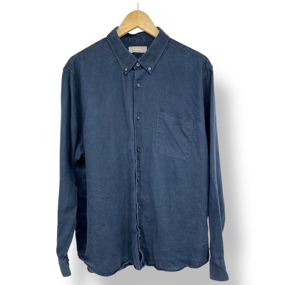 Everlane Men's Short Sleeve Solid Blue Linen XL Button Down Casual Shirt